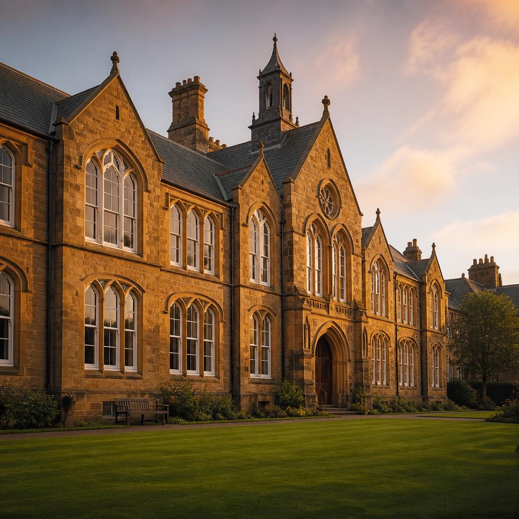 Historic sandstone school building with manicured grounds
